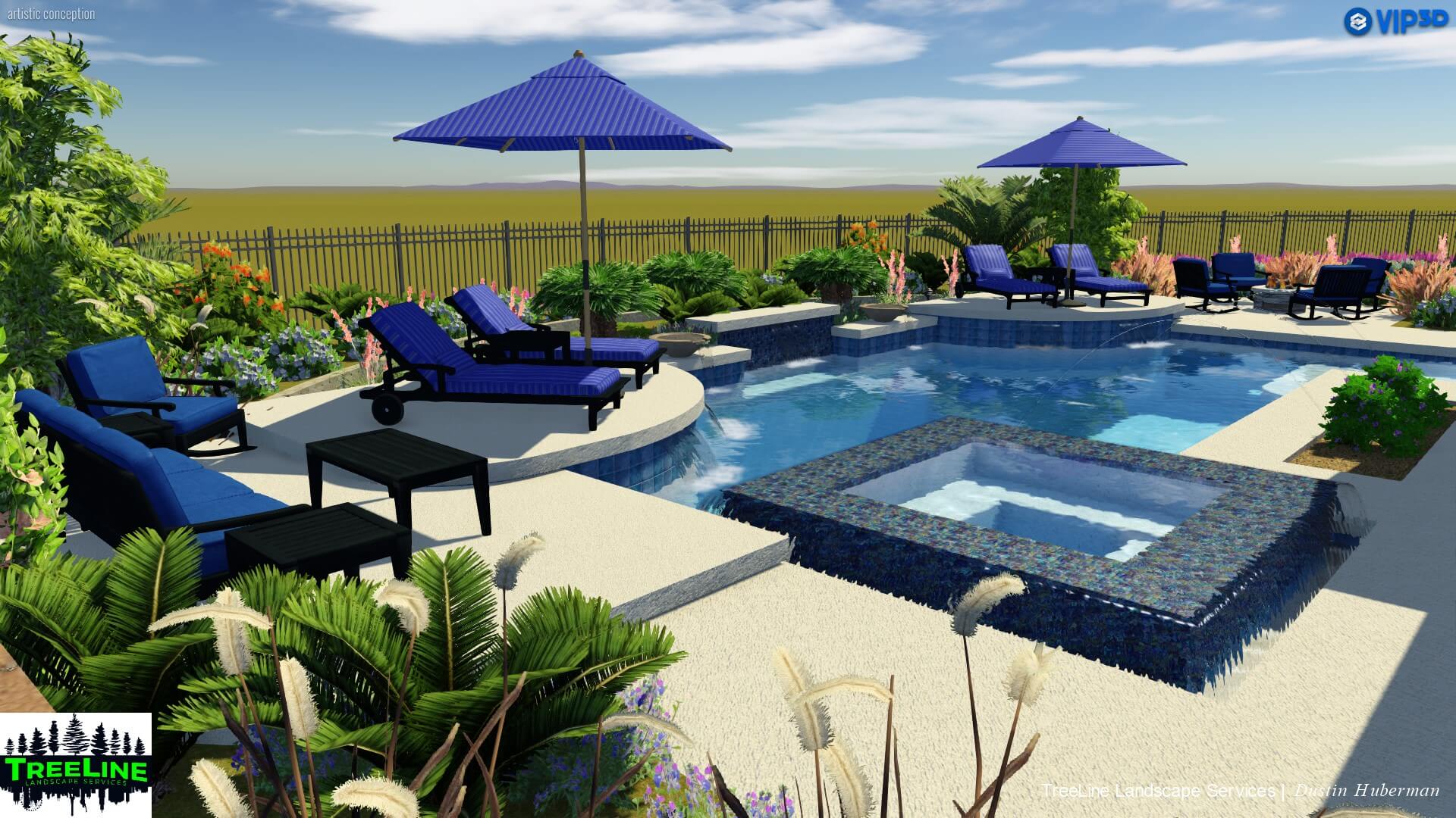 A pool with blue umbrellas and chairs in the middle of it.