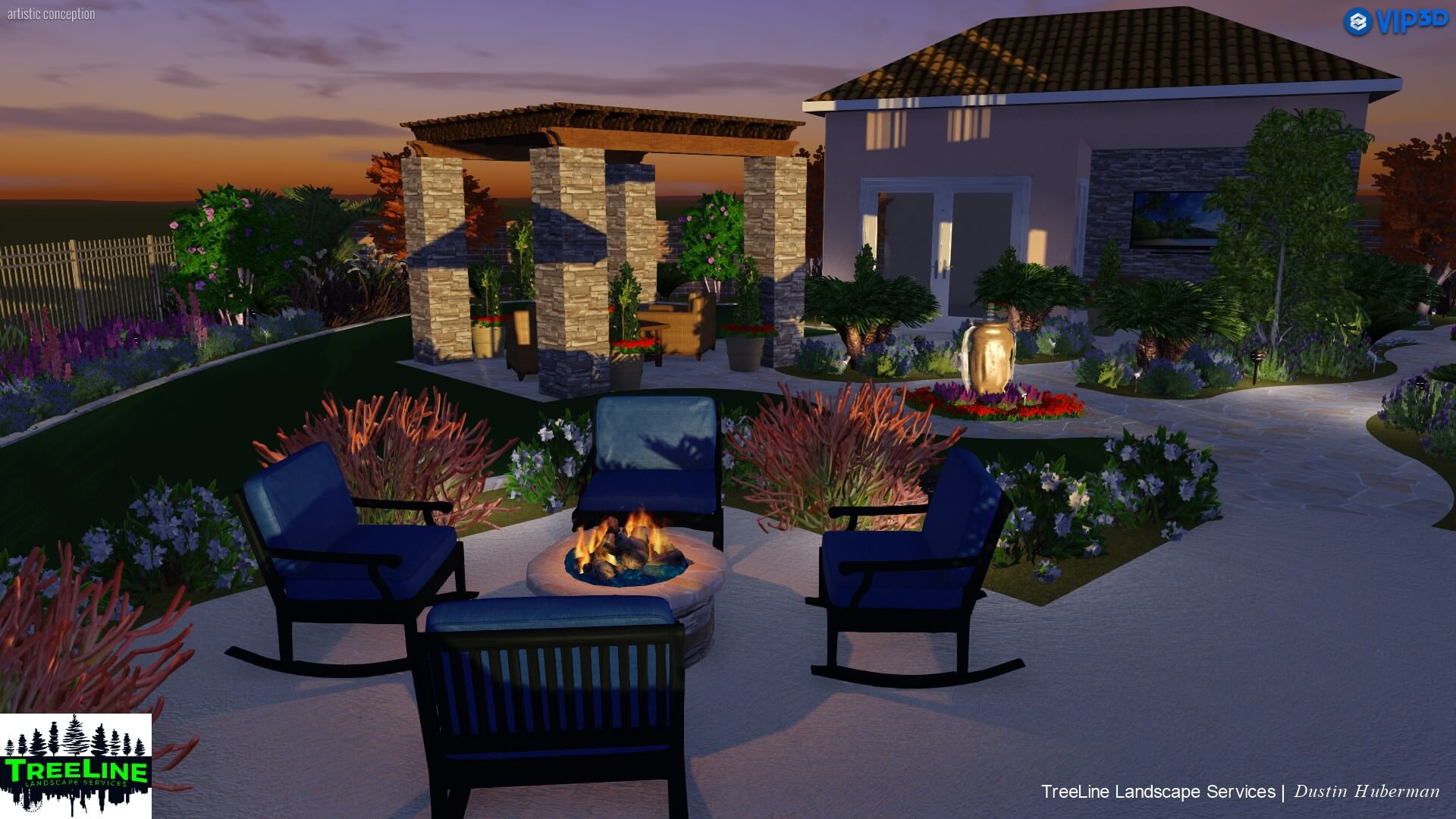 A patio with chairs and fire pit at night.
