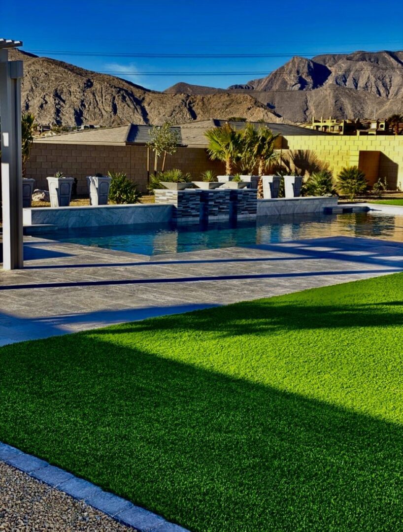 A pool with grass and plants in it