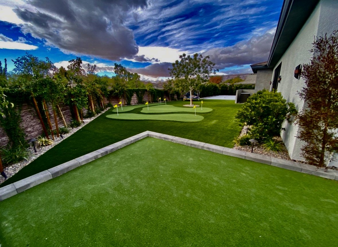 A backyard with a green lawn and a sky background