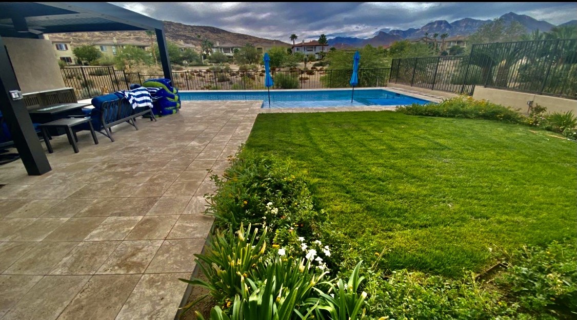 A pool with grass and flowers in the middle of it