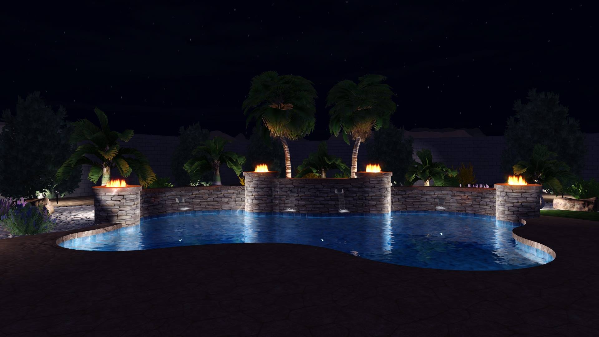 A pool with palm trees and lights at night.