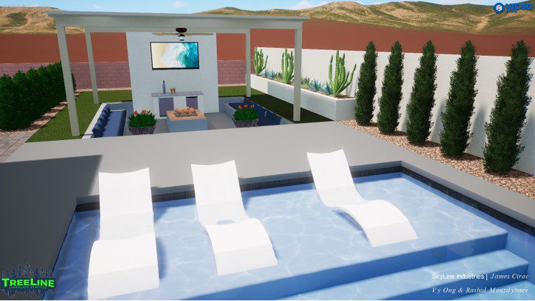 A pool with white chairs and a tv on the wall.