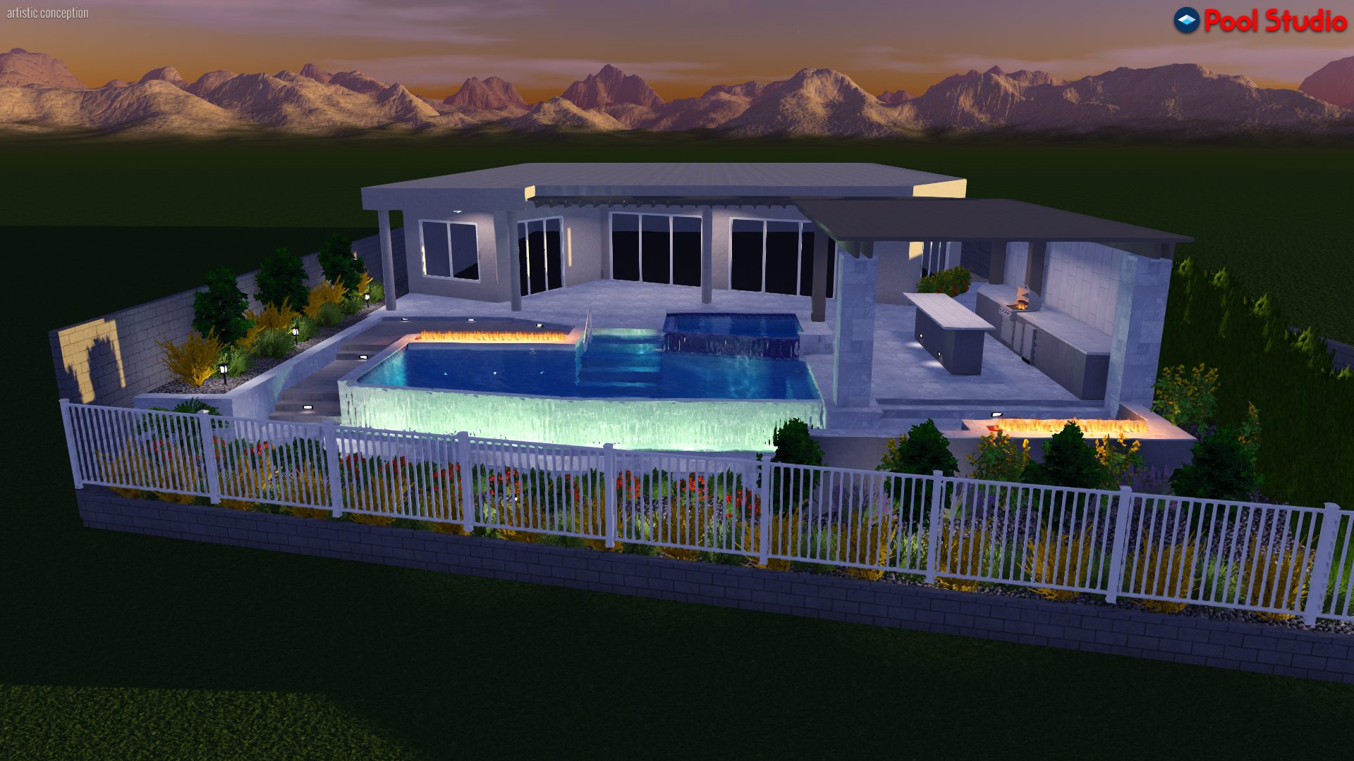 A 3 d rendering of an outdoor pool area.