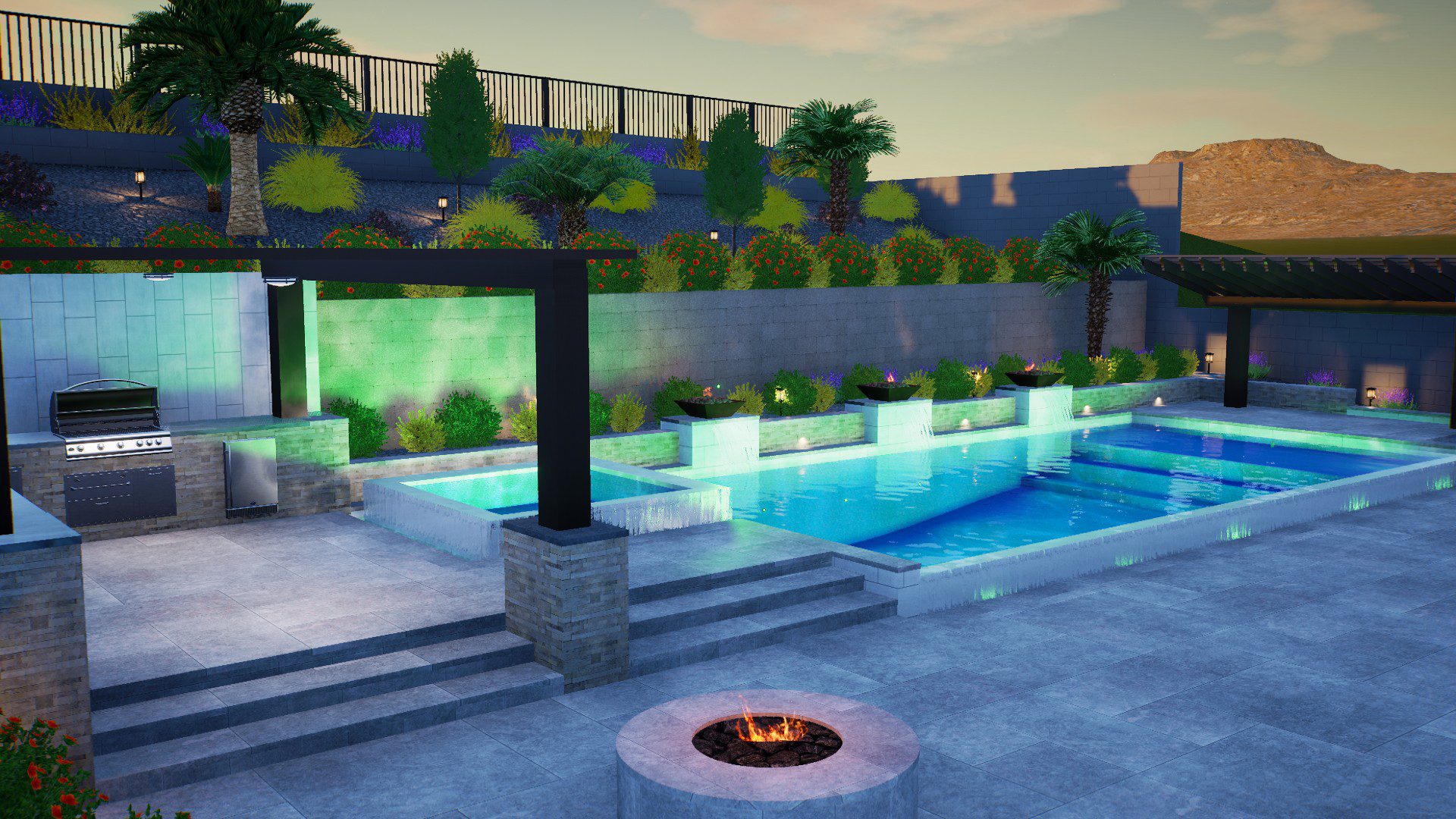 A fire pit in the middle of an outdoor pool.