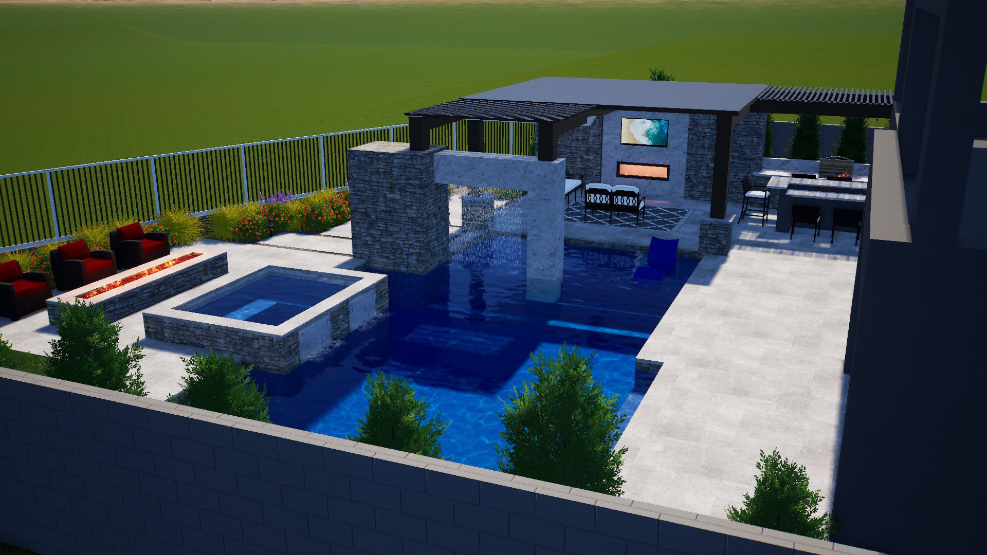 A rendering of an outdoor living area with pool and television.